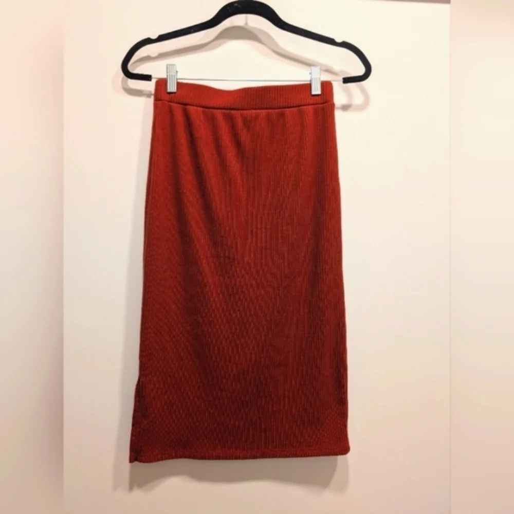 Deep Orange Fall Winter Ribbed Knit High Waisted Midi Skirt Size XS